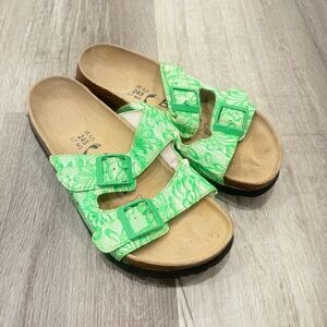 Birkis Birkenstock Sandals Womens 7 Green White Lace Pattern Spring Summer